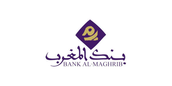 Bank of Maghrib logo with Arabic script and purple and gold design on a black background.