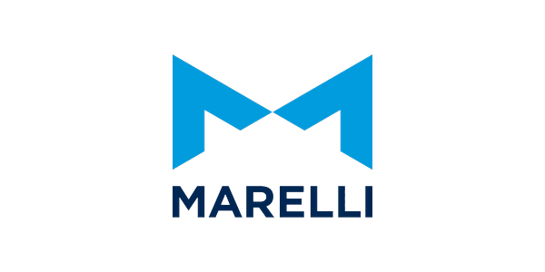Marelli logo with stylized M and blue text on black background.