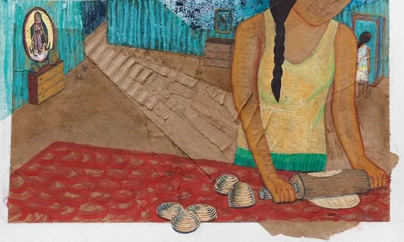 Preparing Lunch, oil pastel, graphite, watercolor, conté, collage, 14x20, 2014
