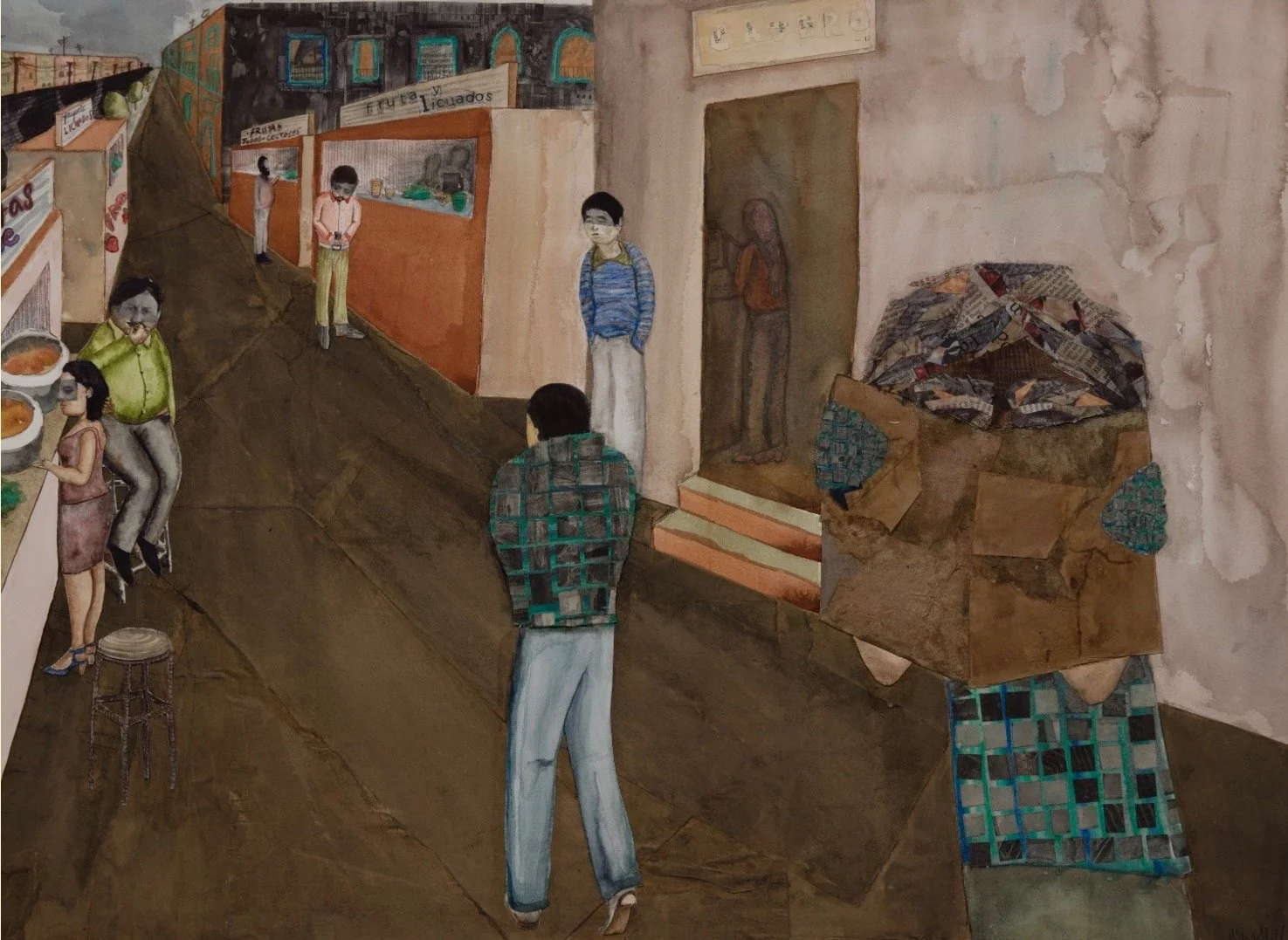 People on the Move (I), watercolor, oil pastel, collage, 24x30, 2015