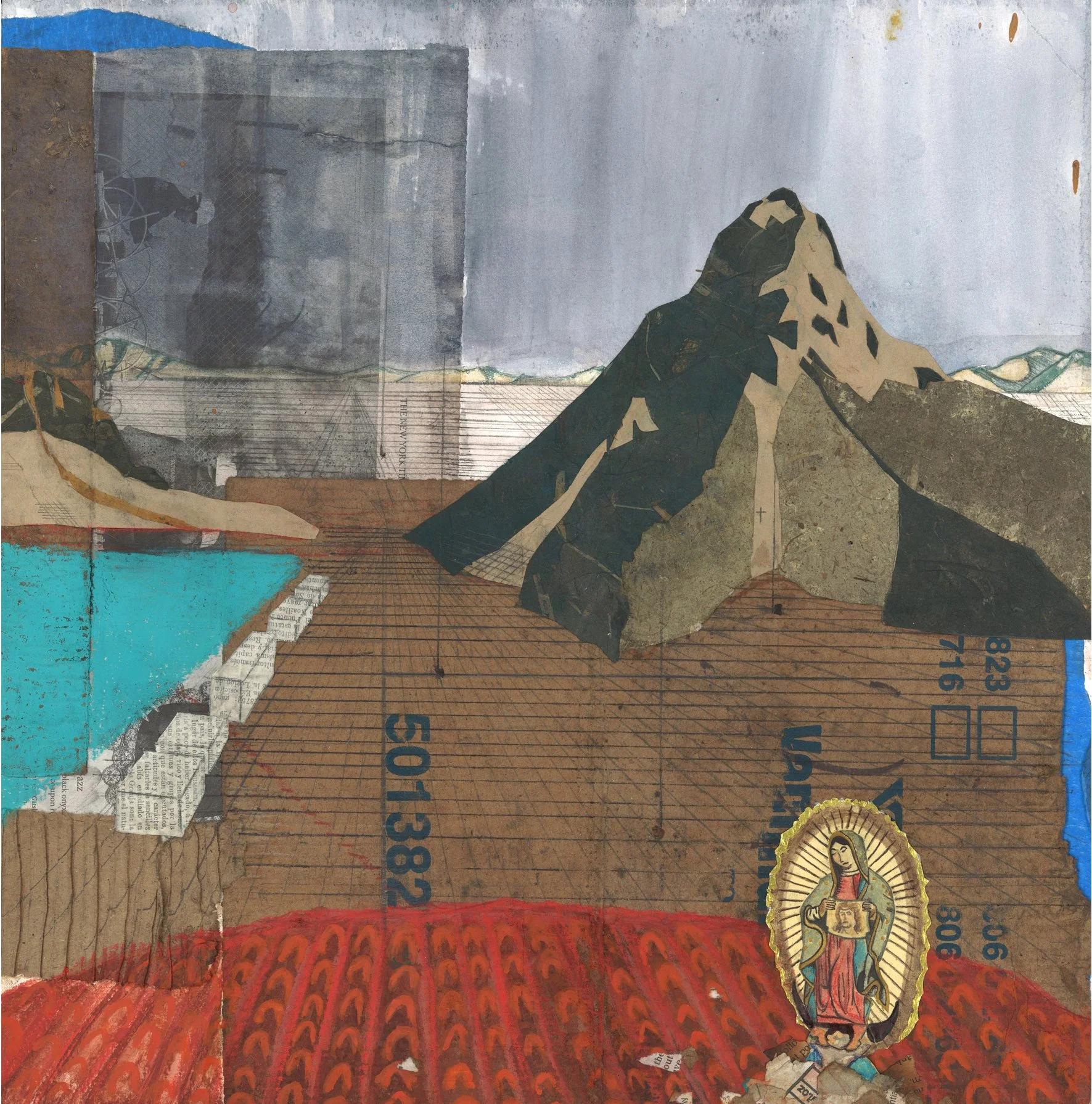 Lomas de Cortes, oil pastel, watercolor, graphite, collage, 13x14, 2014
