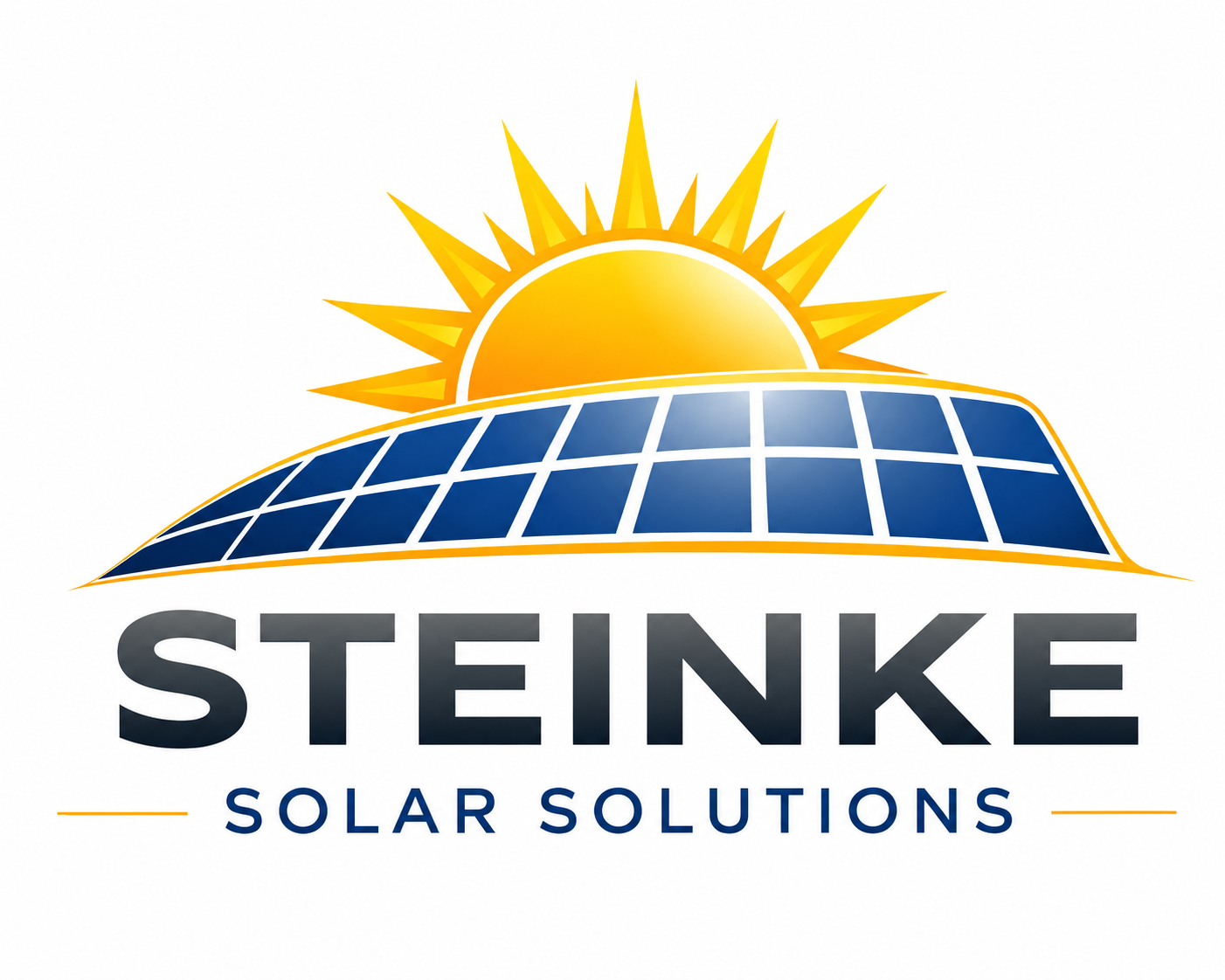 Logo featuring a sun rising behind a solar panel with text "Steinke Solar Solutions."
