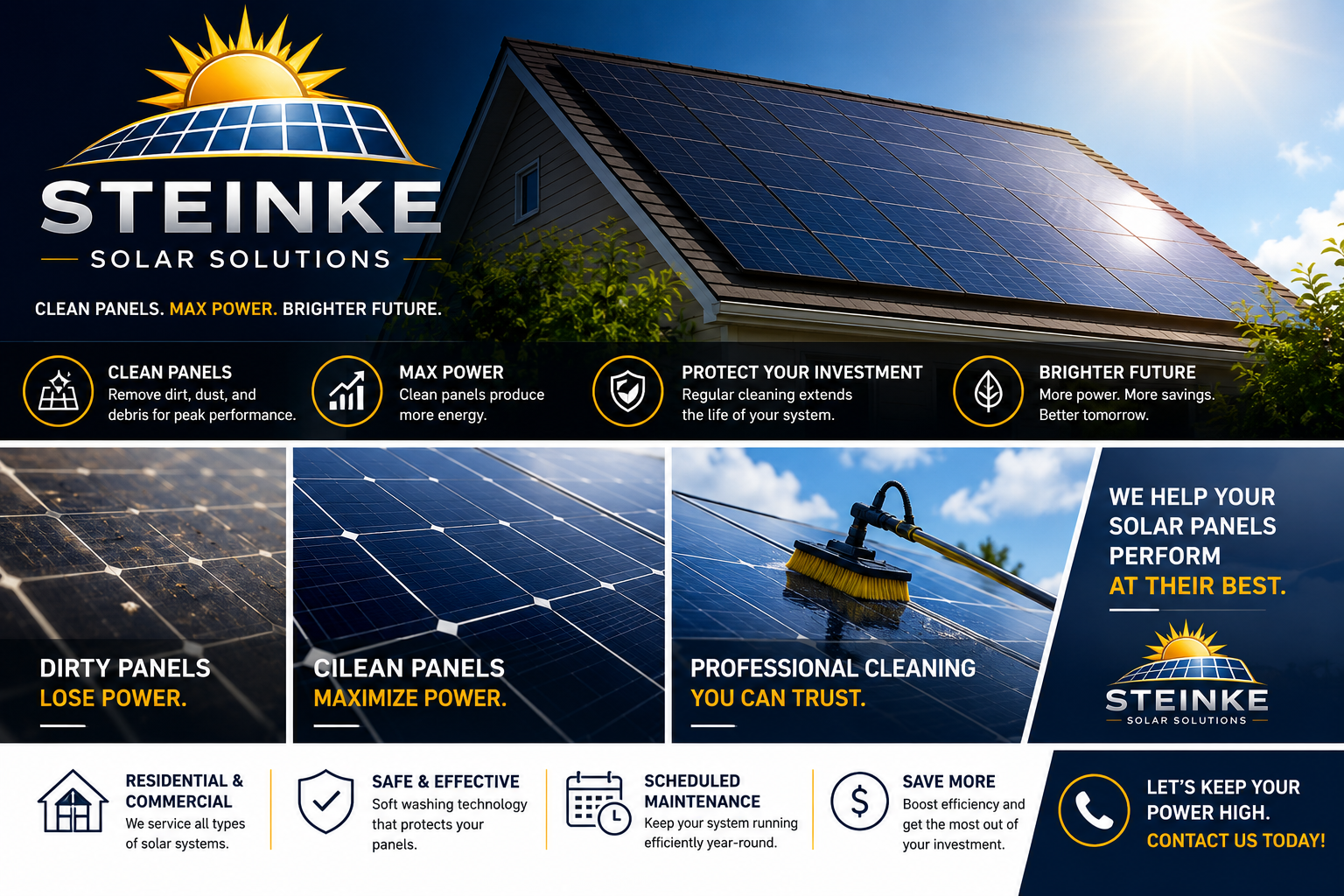Advertisement for Steinke Solar Solutions featuring a house with solar panels on the roof, promoting clean and maximized solar panel performance, with icons and text emphasizing clean panels, maximum power, protection, brighter future, professional cleaning, and contact information.