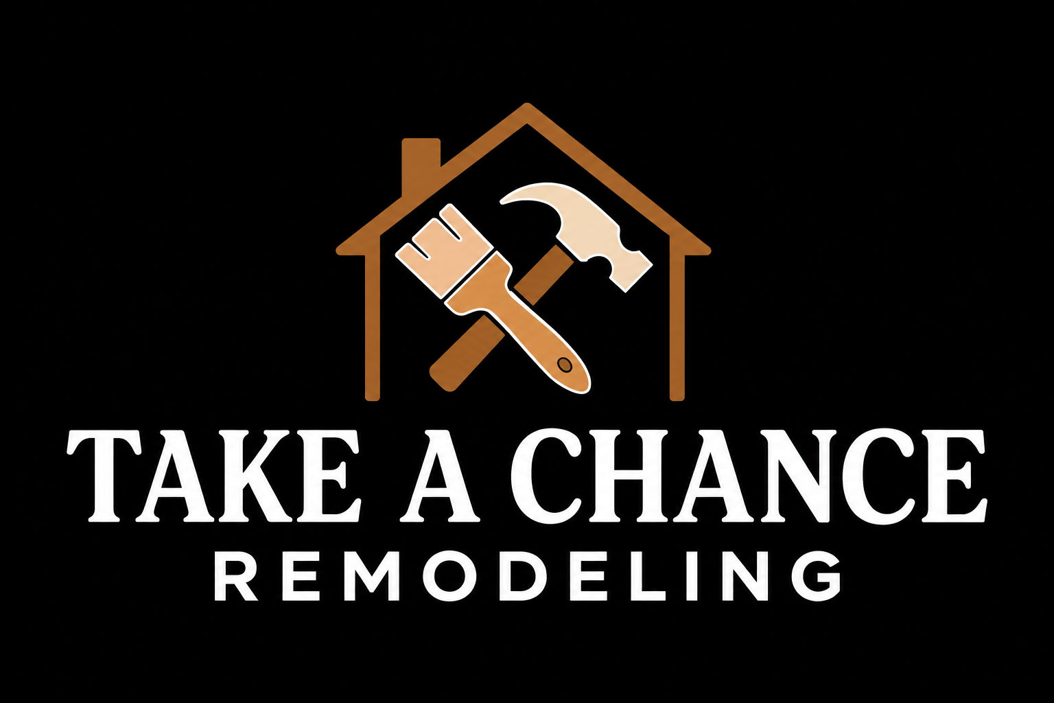 Logo for Take A Chance Remodeling featuring a house outline with a hammer and paintbrush crossed inside, and the company name below.