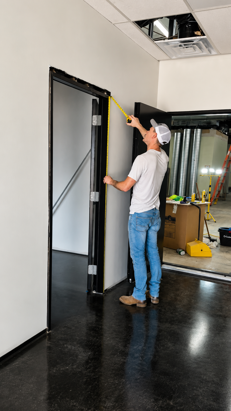 A man measuring the height of a doorway opening in an ongoing construction or renovation project, with construction tools and materials visible in the background.
