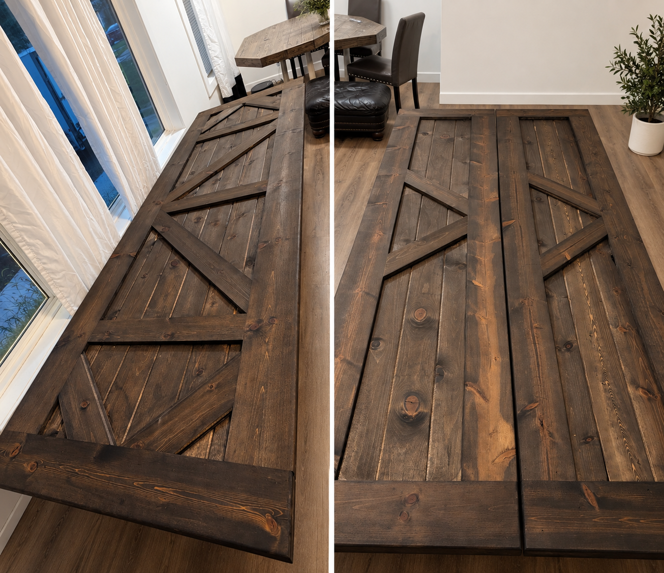 Side-by-side comparison of two wooden tables. The left table has an unfinished look with visible wood grain, while the right table has a darker stain for a polished appearance. Both tables feature a plank design with diagonal supports.