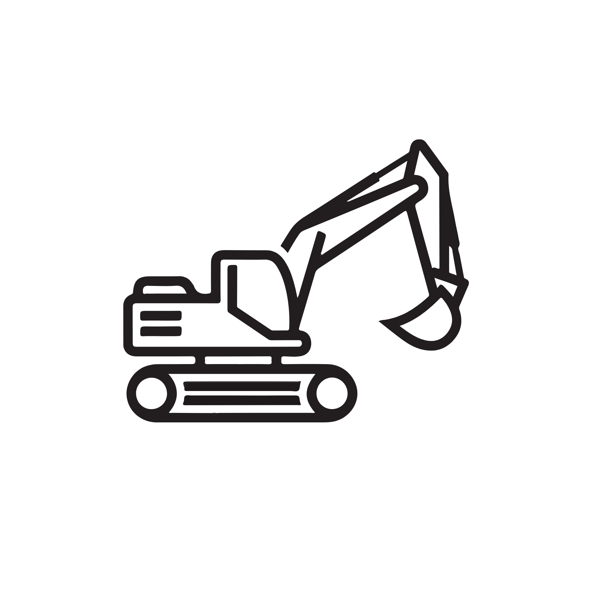 Outline drawing of a hand truck carrying a box with a chain attached to a crane arm lifting a large container.