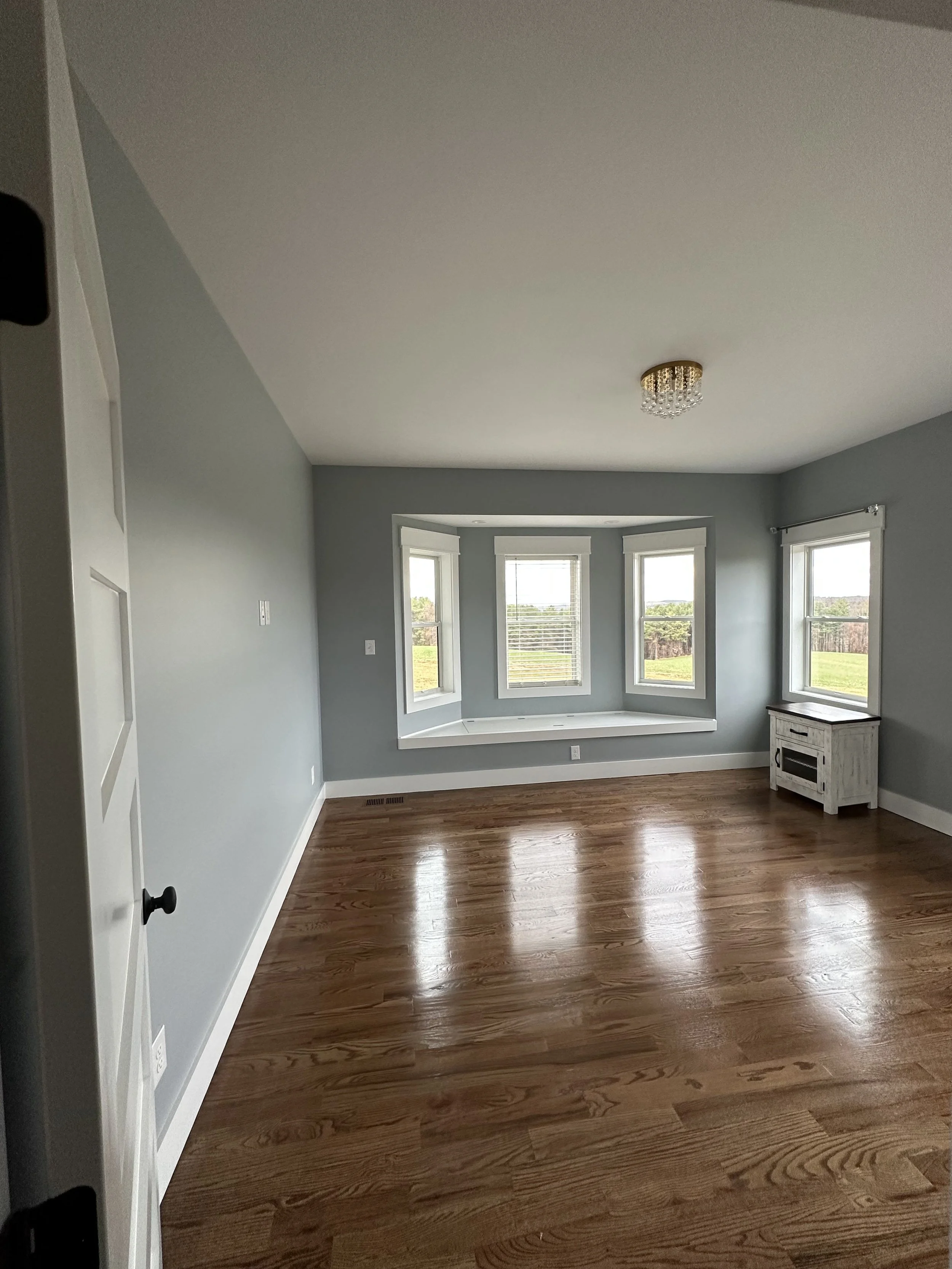 A room with hardwood floors, light blue walls, and a large bay window with three sections showing a green outdoor landscape. There is a small white cabinet near the right window, and natural light coming into the room.