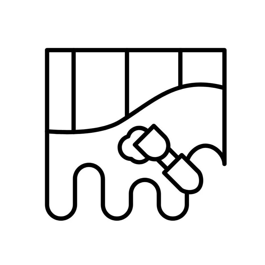 Line drawing of a paint brush applying paint or glue on a surface, with a panel wall in the background.
