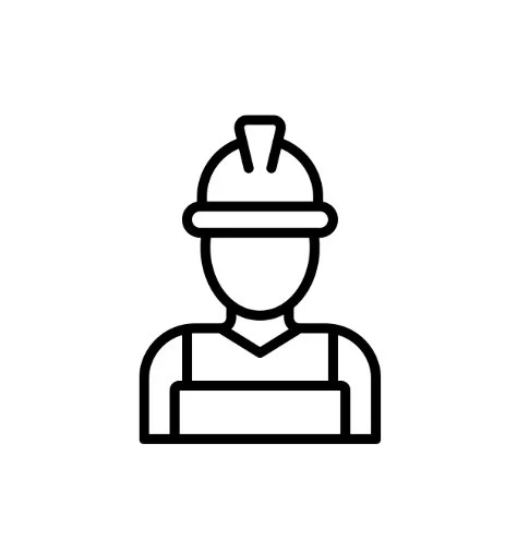 Black and white line drawing of a person wearing a hard hat and a safety vest.