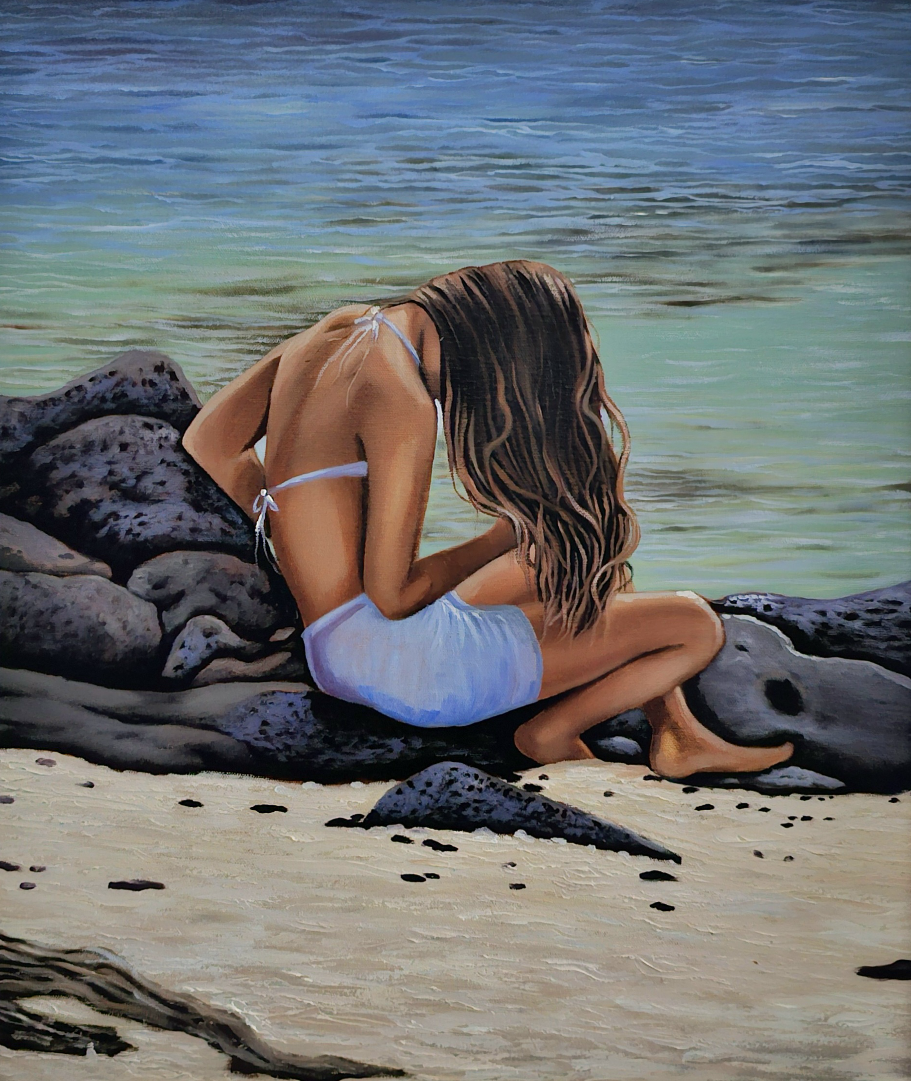 Impressionism oil painting on canvas of a Hawaiian young woman playing with her long brown hair sitting on a rock on a sandy beach, with the ocean and waves in the background.
