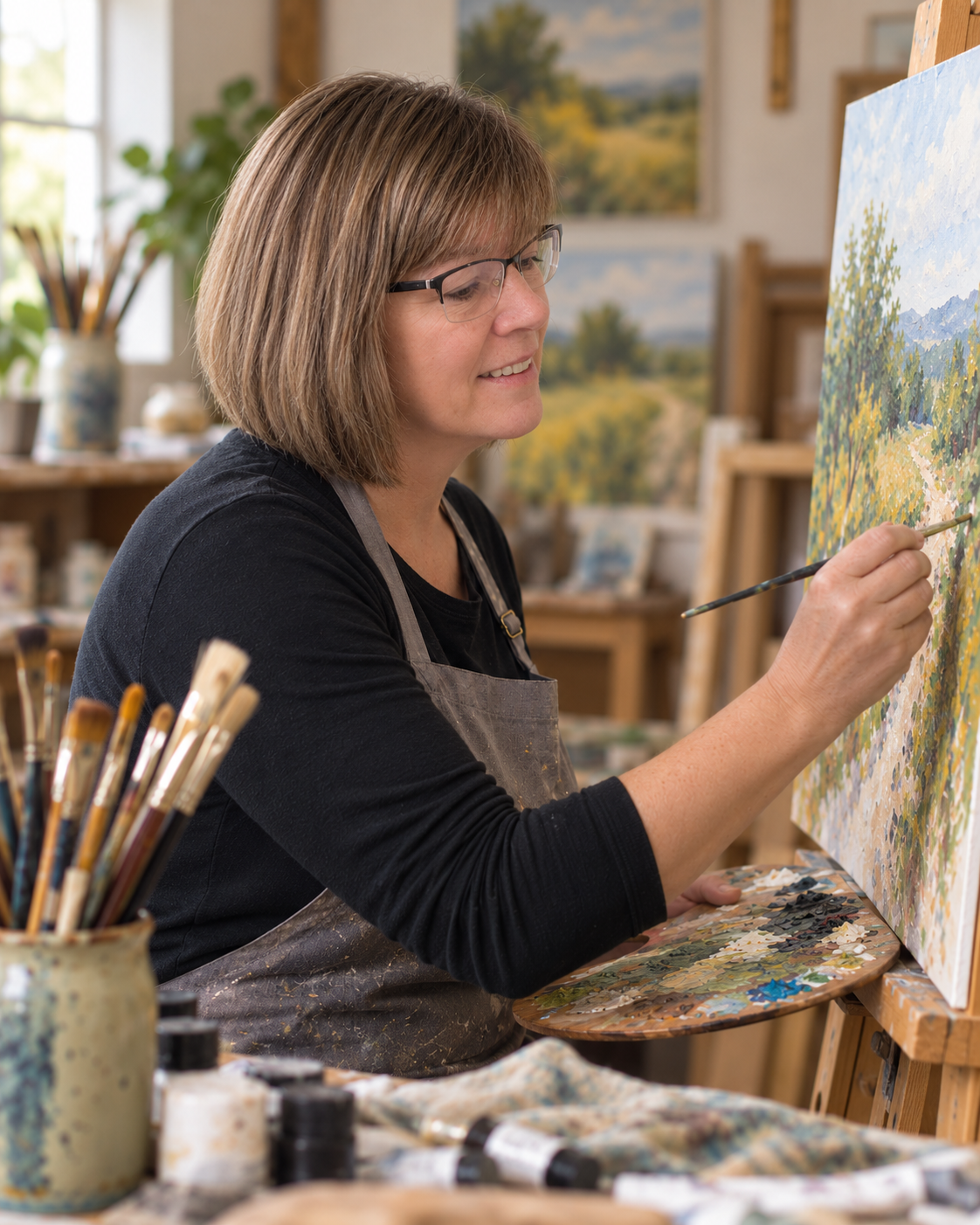 A woman with glasses painting a landscape on a canvas in an art studio.