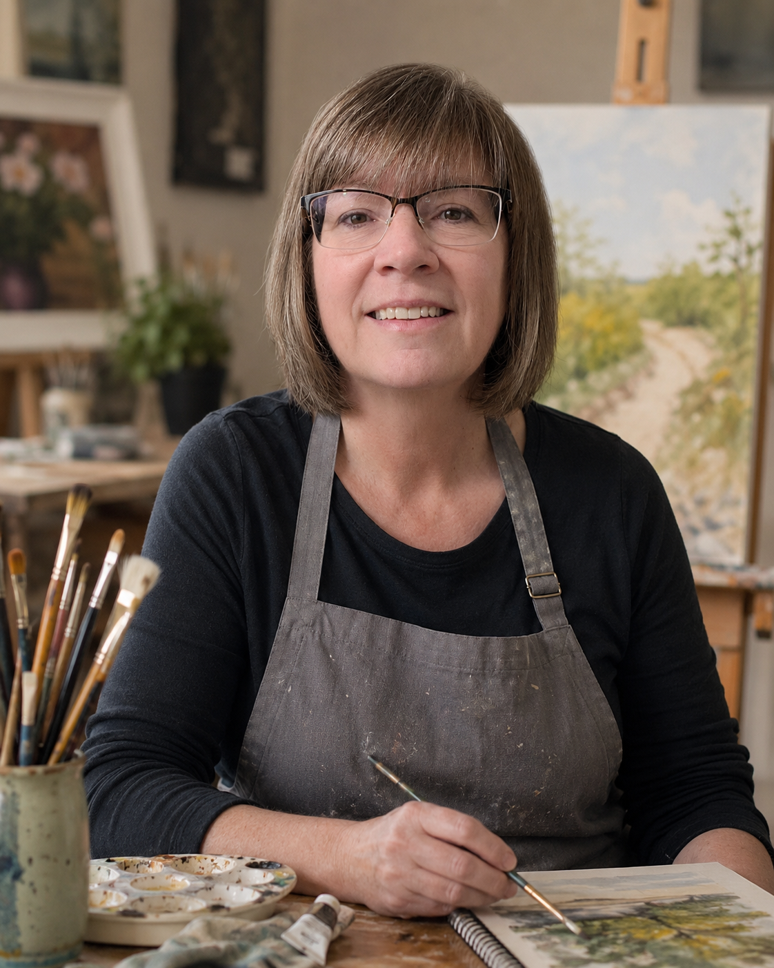 A woman with glasses wearing a gray apron in an art studio, holding a paintbrush and smiling at the camera, with paintings and art supplies in the background.