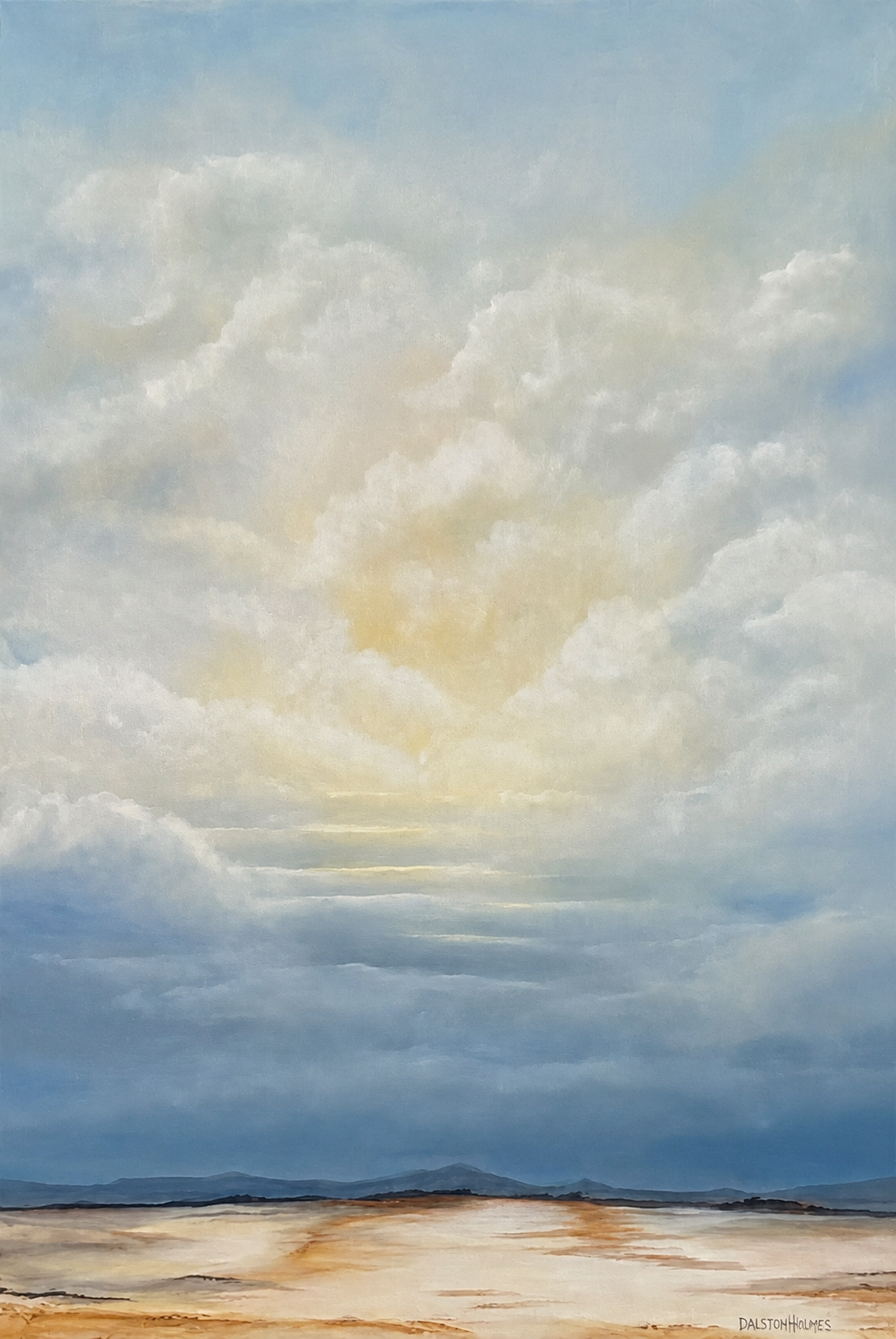 Painting of a cloudy sky over a flat landscape with mountains in the distance, soft light reflecting on the ground.