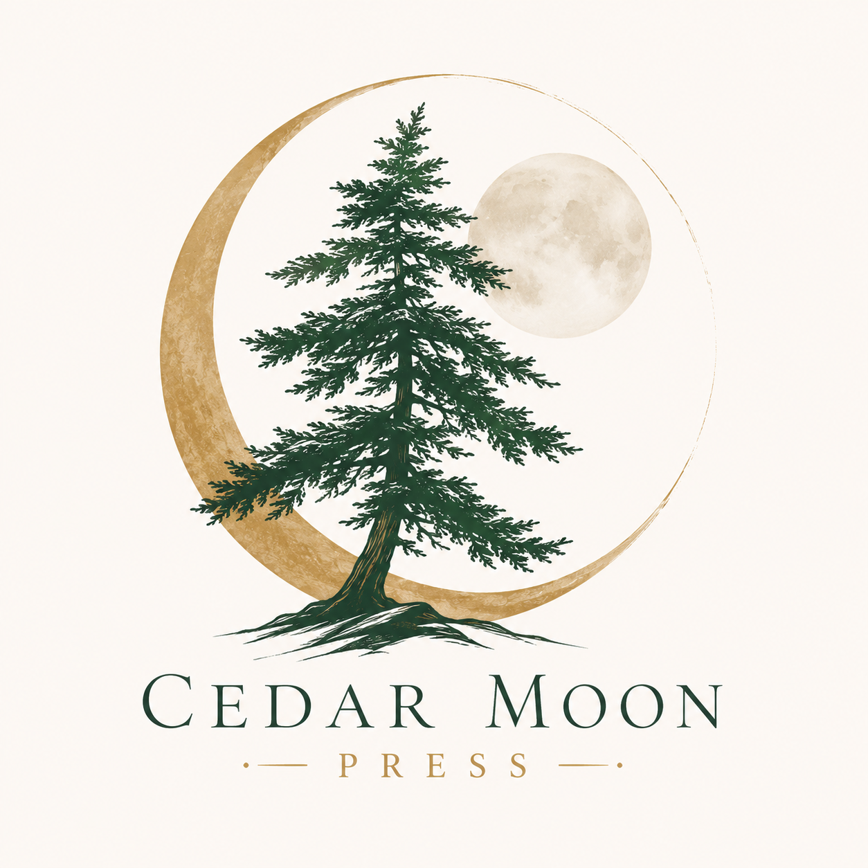Cedar Moon Press Logo. Gretchen Martens. Village of Care Press. Logo has a moon and a cedar tree. 