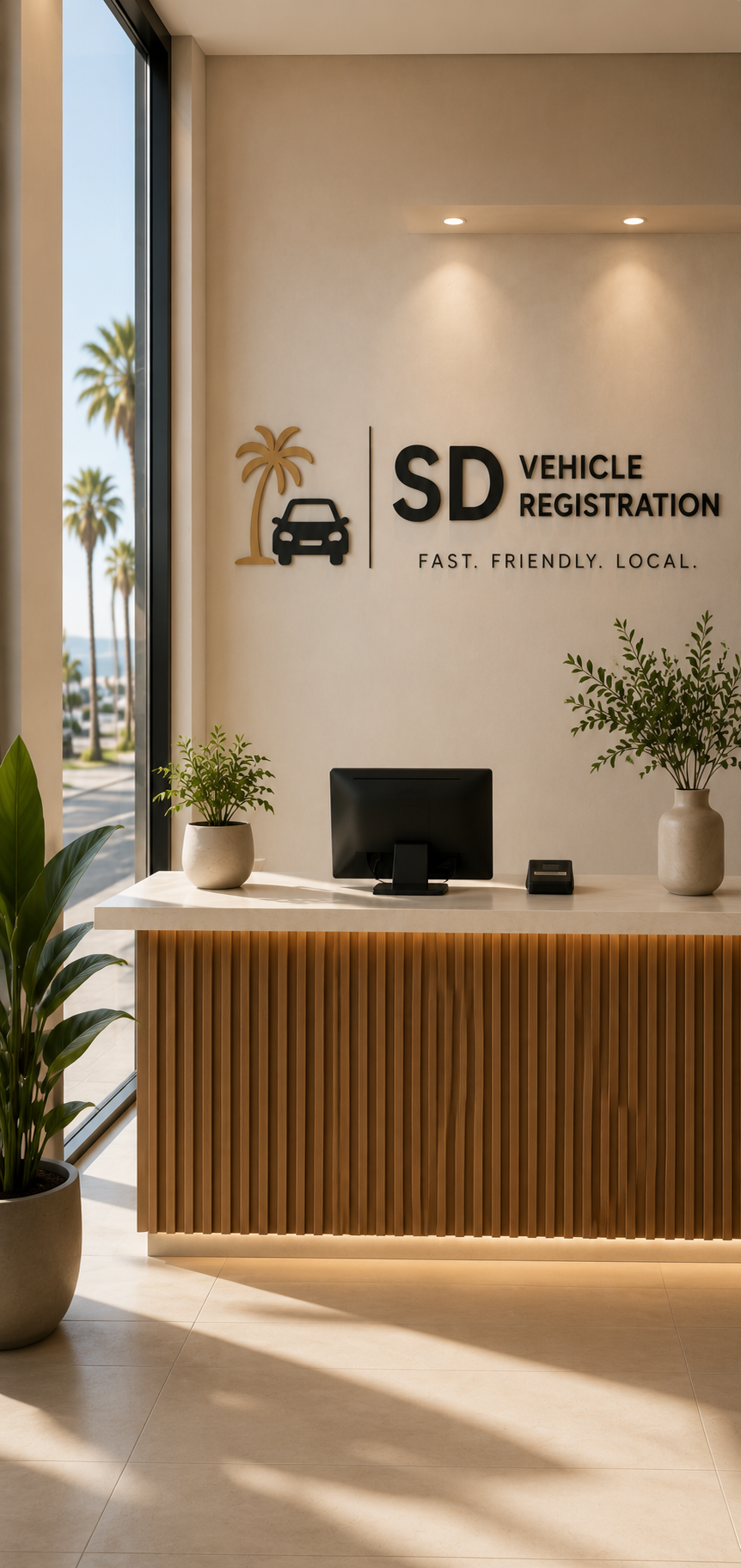 Reception area of SD Vehicle Registration, a licensed California DMV Registration Service in Pacific Beach offering registration renewals, title transfers, VIN verification and duplicate titles.