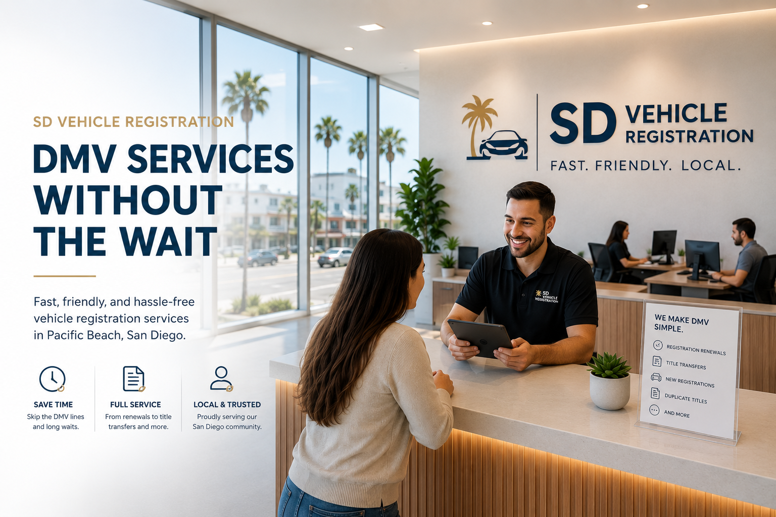 Customer visiting SD Vehicle Registration, a licensed California DMV Registration Service in Pacific Beach, San Diego for registration renewal, title transfer and VIN verification.