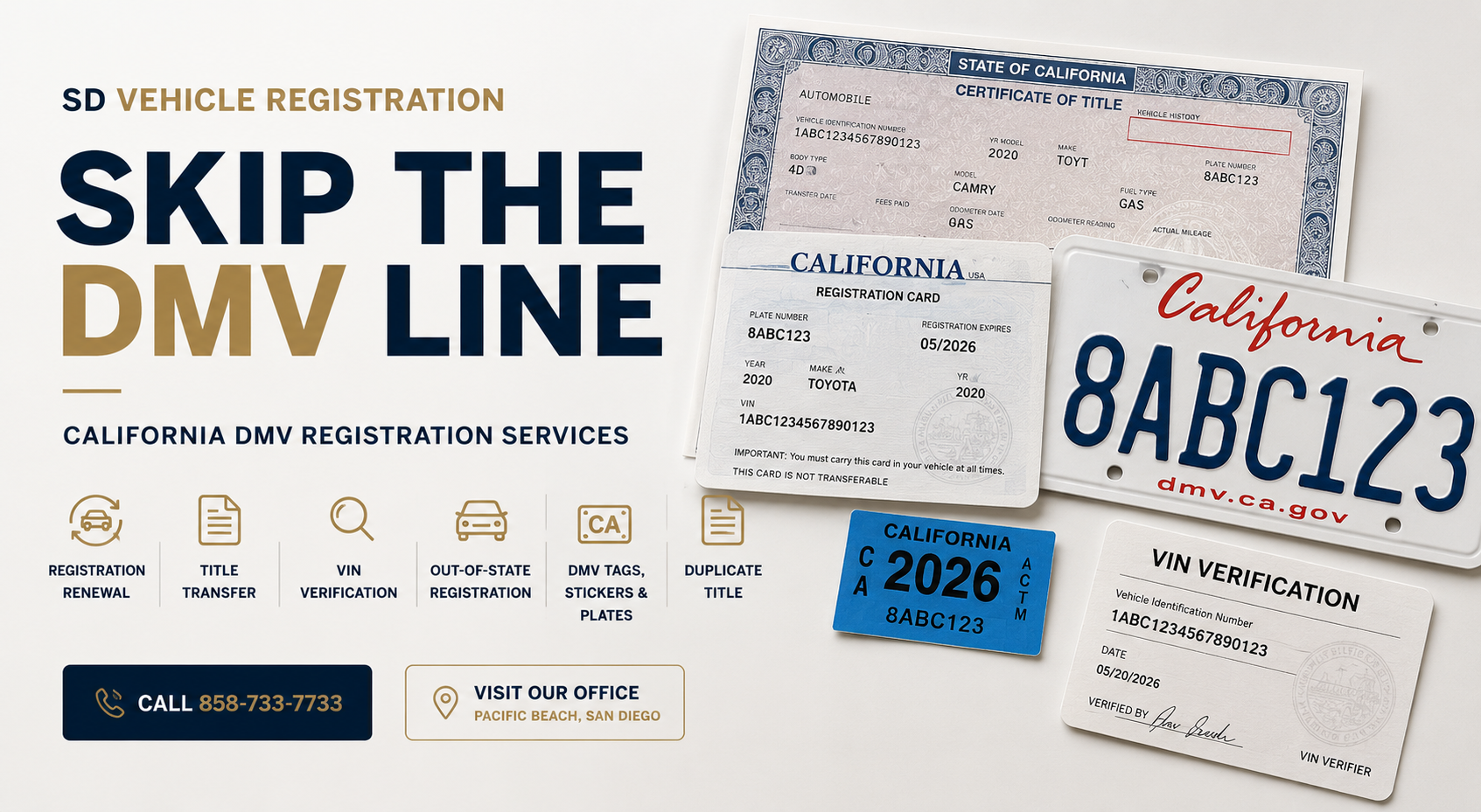 Informational graphic about California DMV vehicle registration, showing sample registration documents, license plates, and services offered.