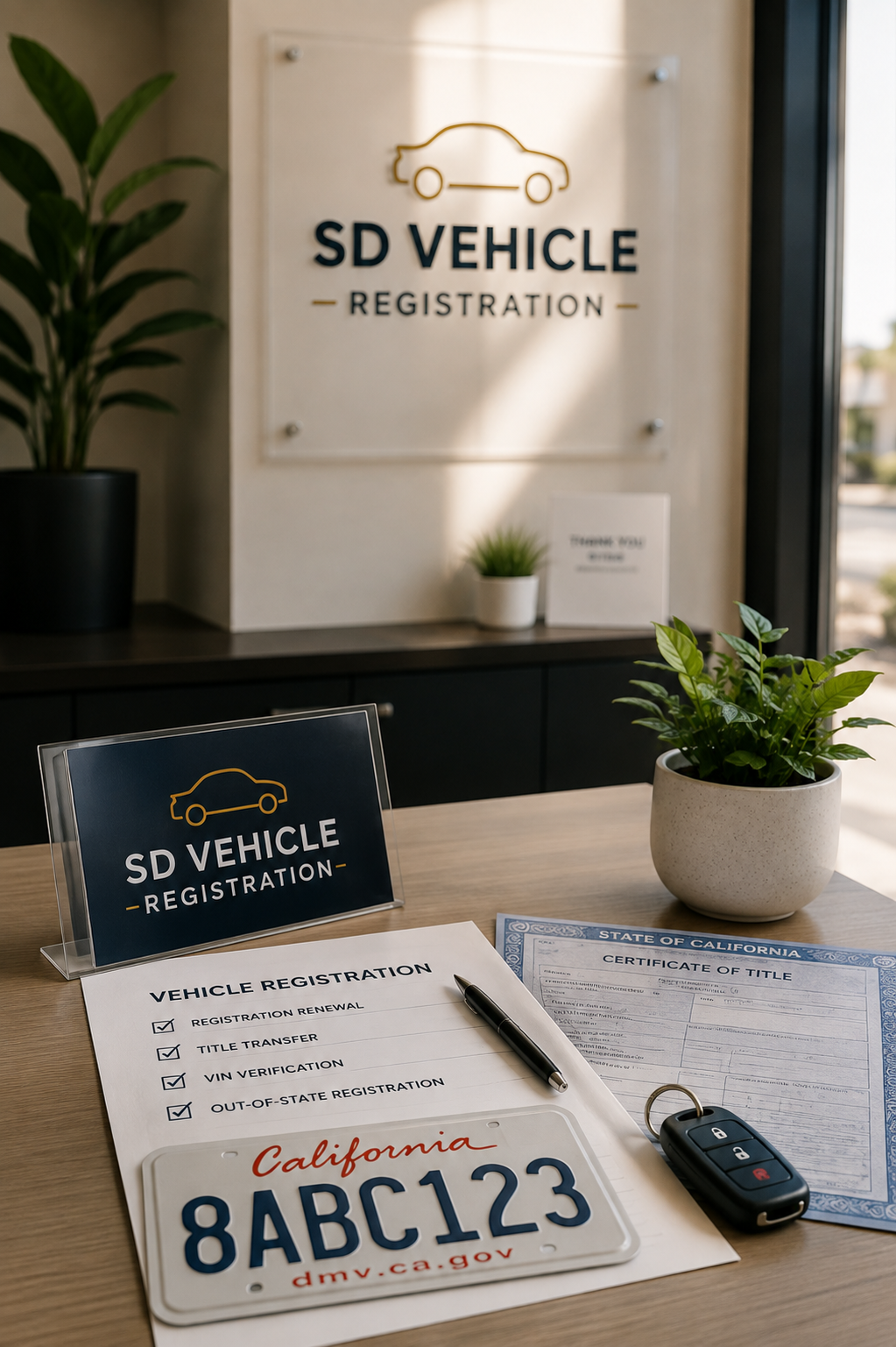 California vehicle registration documents, license plate and car key prepared for title transfer and registration renewal at SD Vehicle Registration in San Diego.