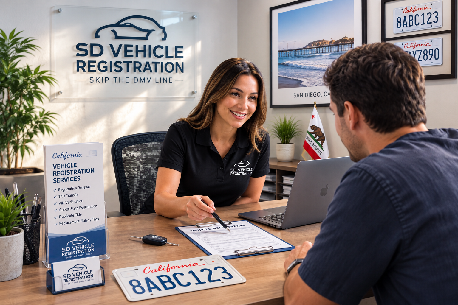 Customer receiving California vehicle registration assistance at SD Vehicle Registration office in San Diego. DMV services including title transfer, registration renewal and VIN verification.