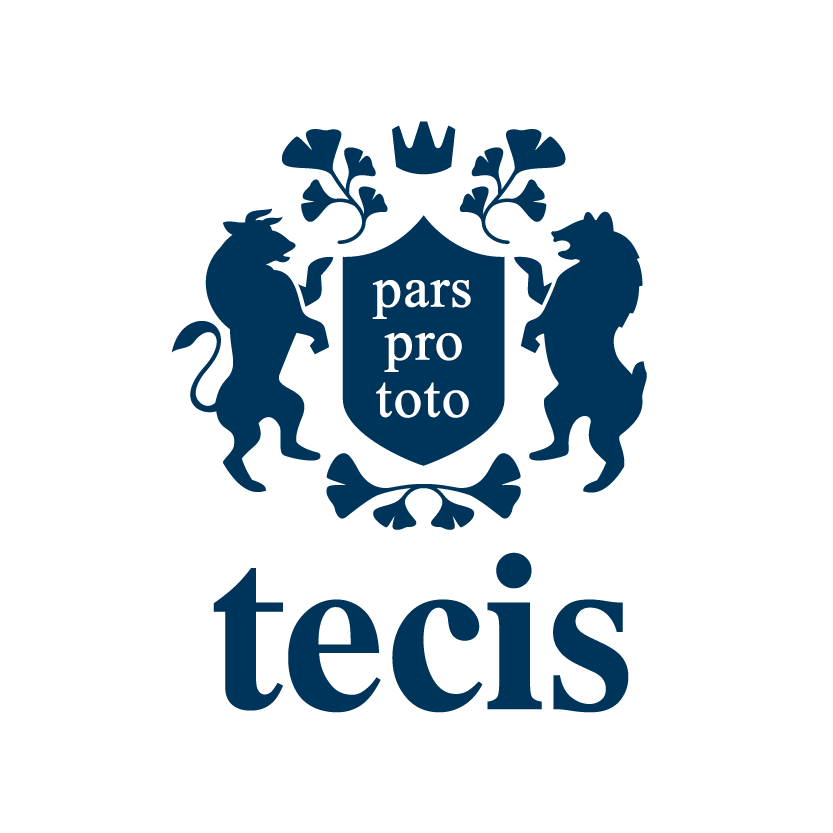 Ein schwarzes Logo mit einem Wappen, zwei Löwen, einer Krone, sowie dem Text 'pars pro toto' in der Mitte des Wappens und dem Wort 'tecis' darunter.