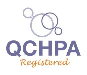 Logo with interconnected circles above the text 'QCHPA Registered' in purple and orange font.