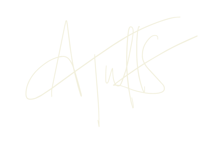 White cursive signature, ACT1 brand element