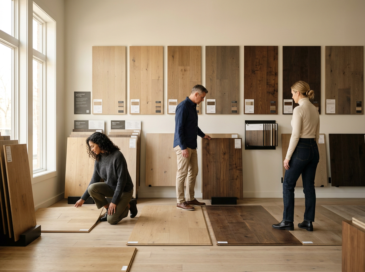 Three people in a flooring store examining various hardwood floor samples displayed on the walls and the floor.