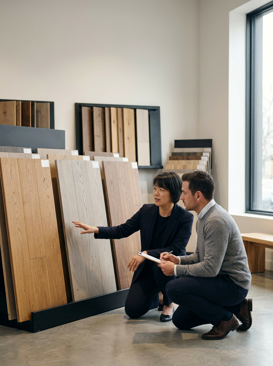 Two people looking at wooden flooring samples in a showroom, with one showing and the other taking notes.