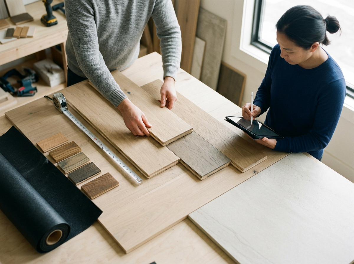 Two people working in a woodworking shop with various wood samples, a measuring tape, and tools on a wooden table near a window.