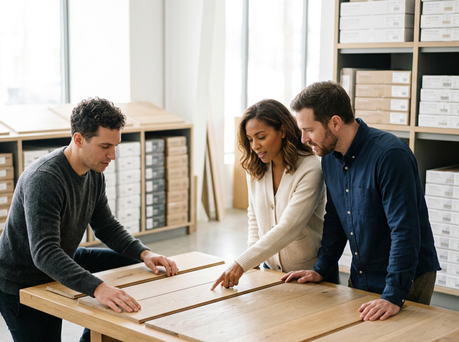 Three people discussing and examining wooden boards in a room with shelves filled with boxes.