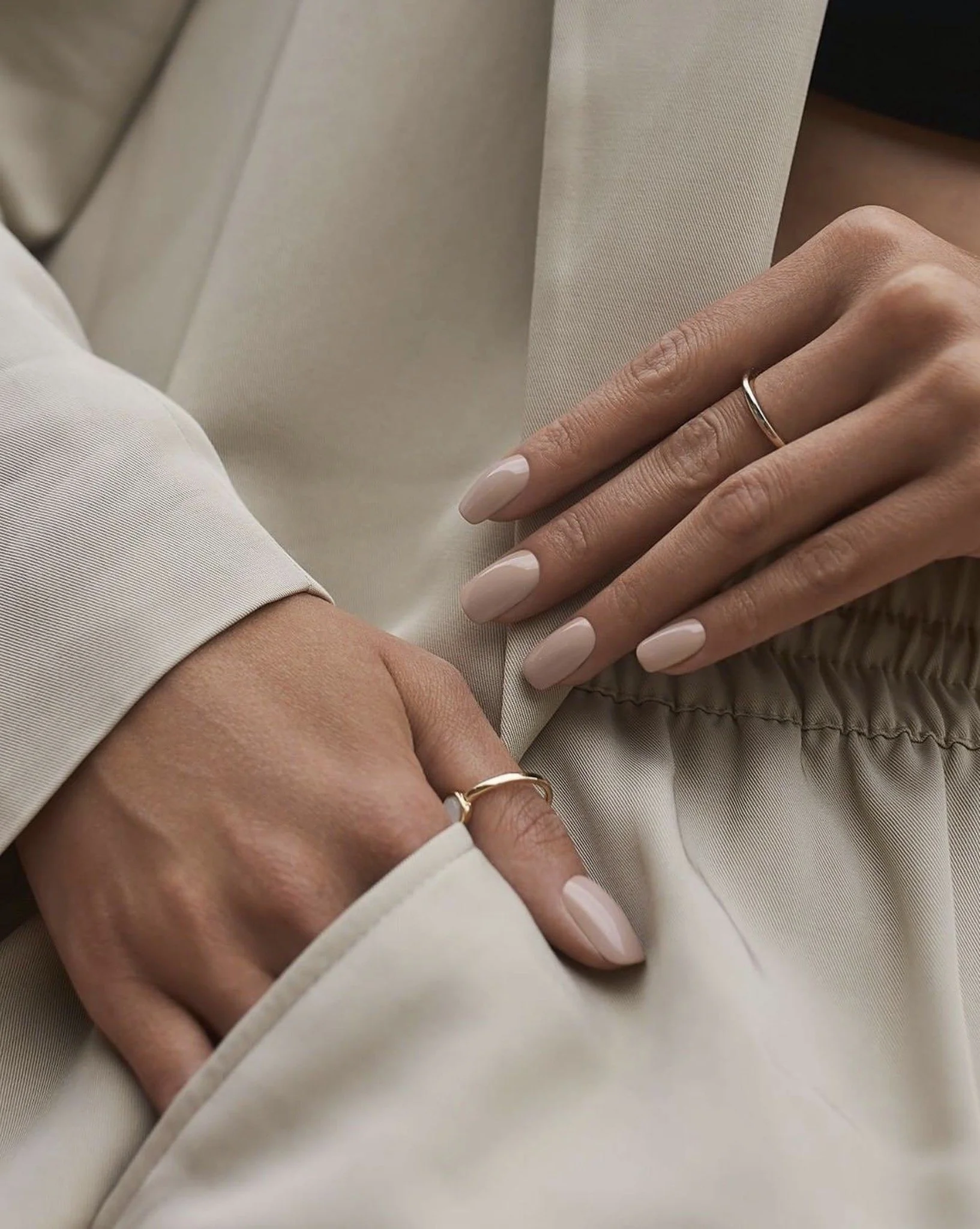 Hands / manicure photo, 
elegant neutral manicure with natural nails and gold jewelry at Essnails nail salon in Olathe, KS