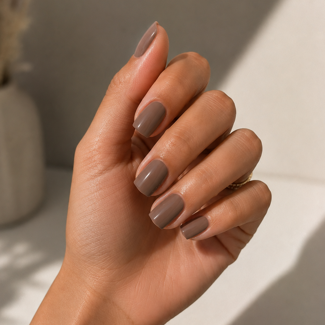 Short square nails with softly rounded nails, taupe manicure and a glossy finish