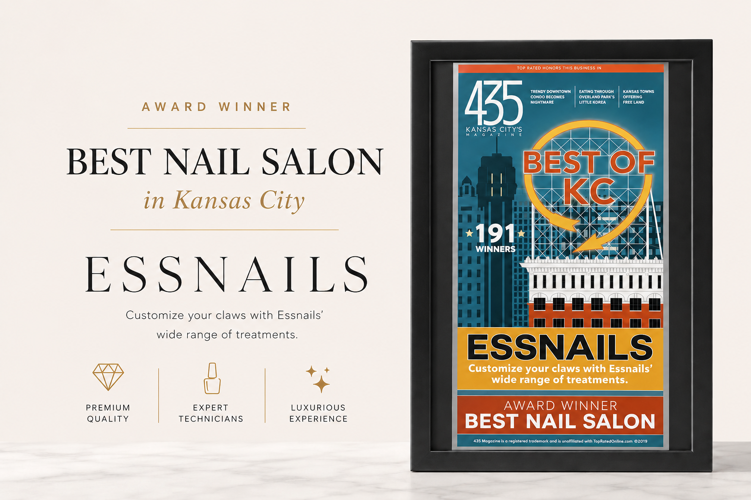 Essnails Best Nail Salon award and 435 Kansas City's Magazine Best of KC recognition