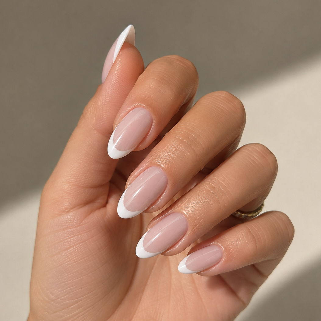 French tip manicure with a sheer nude base, white tips and almond-shaped nails