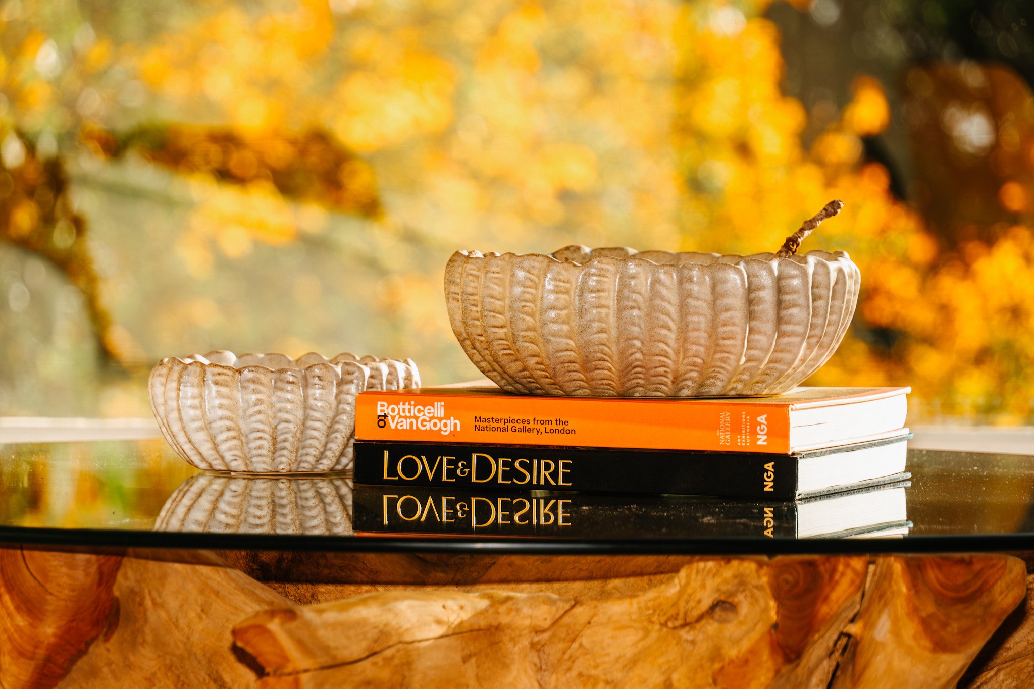 A stack of art and design books with two decorative ceramic bowls placed on top, set on a reflective surface with a background of blurred yellow and orange autumn leaves.