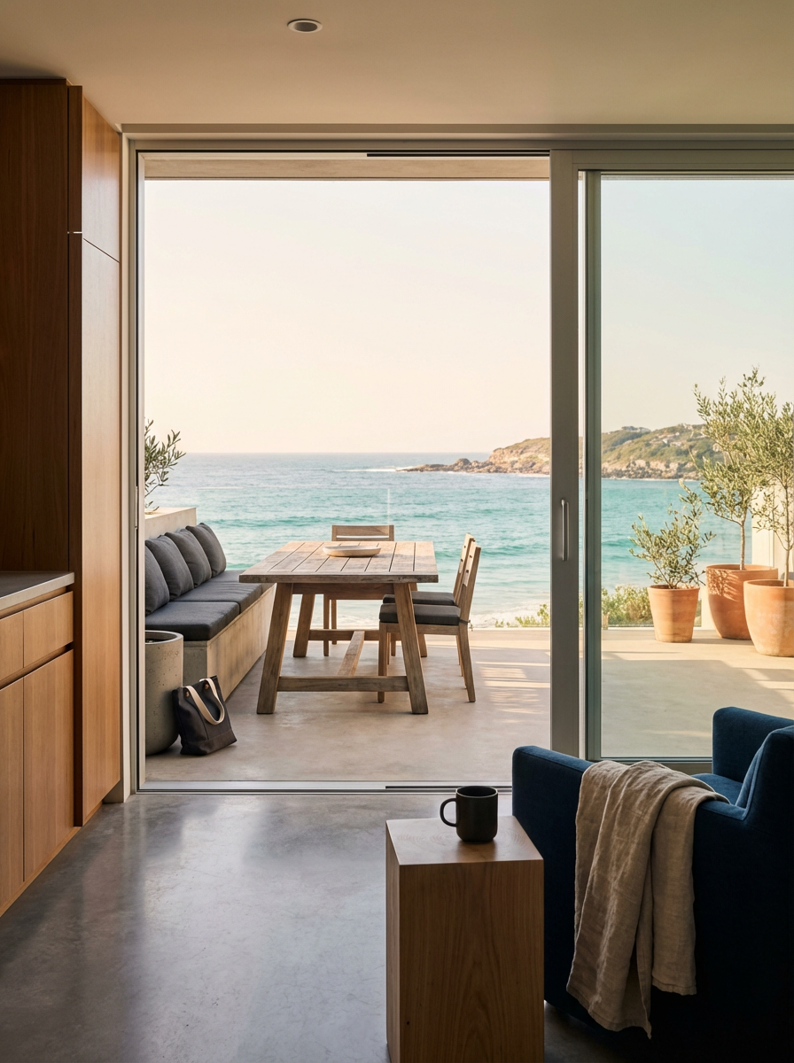 Living room with a sliding glass door opening to a balcony overlooking the ocean, with a dining table and chairs outside, and potted plants on the balcony.