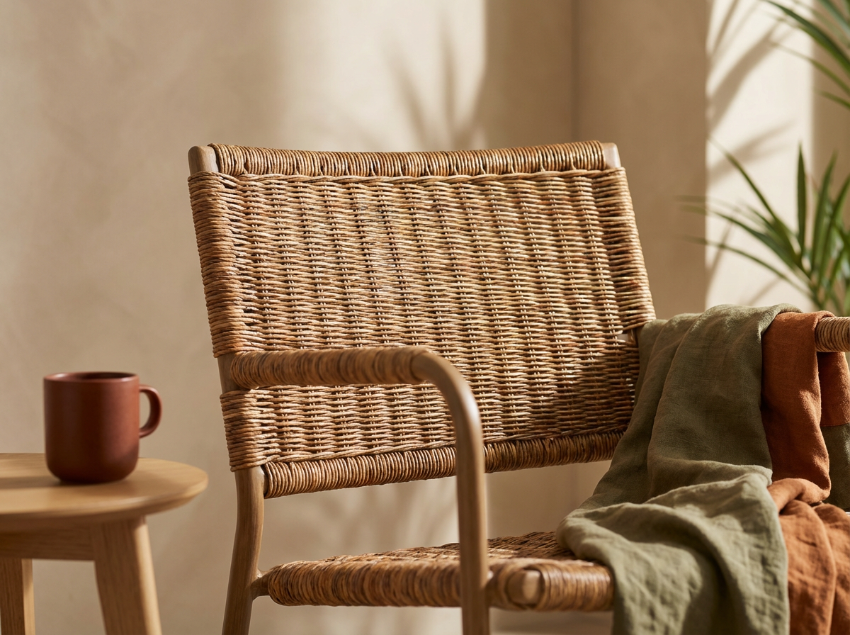A wicker chair with a blanket draped over one armrest, a wooden side table with a red mug, and a plant in the background.