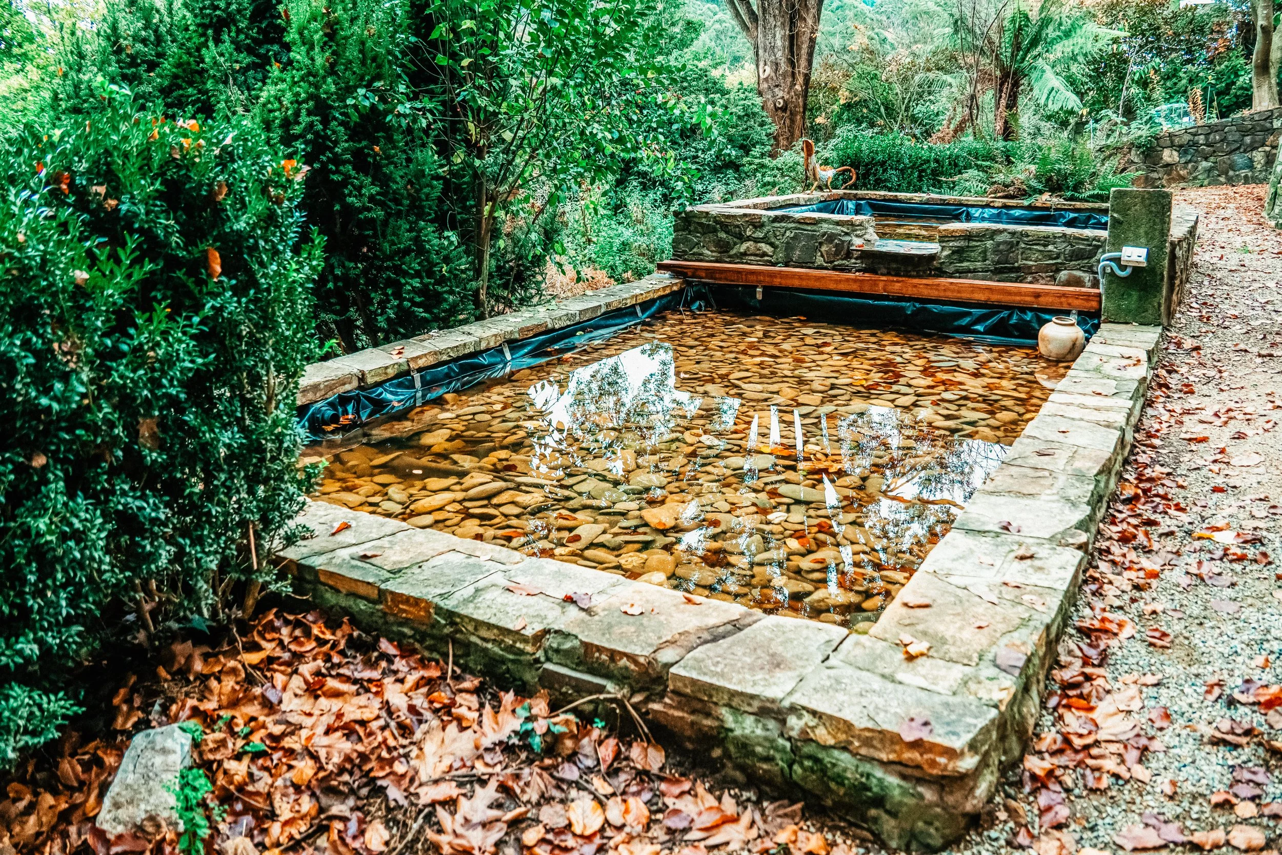 A backyard pond with a stone border surrounded by trees and bushes. The pond has a layer of small rocks at the bottom and the water reflects the sky. A small terracotta pot is placed at the edge of the pond near the stone border.