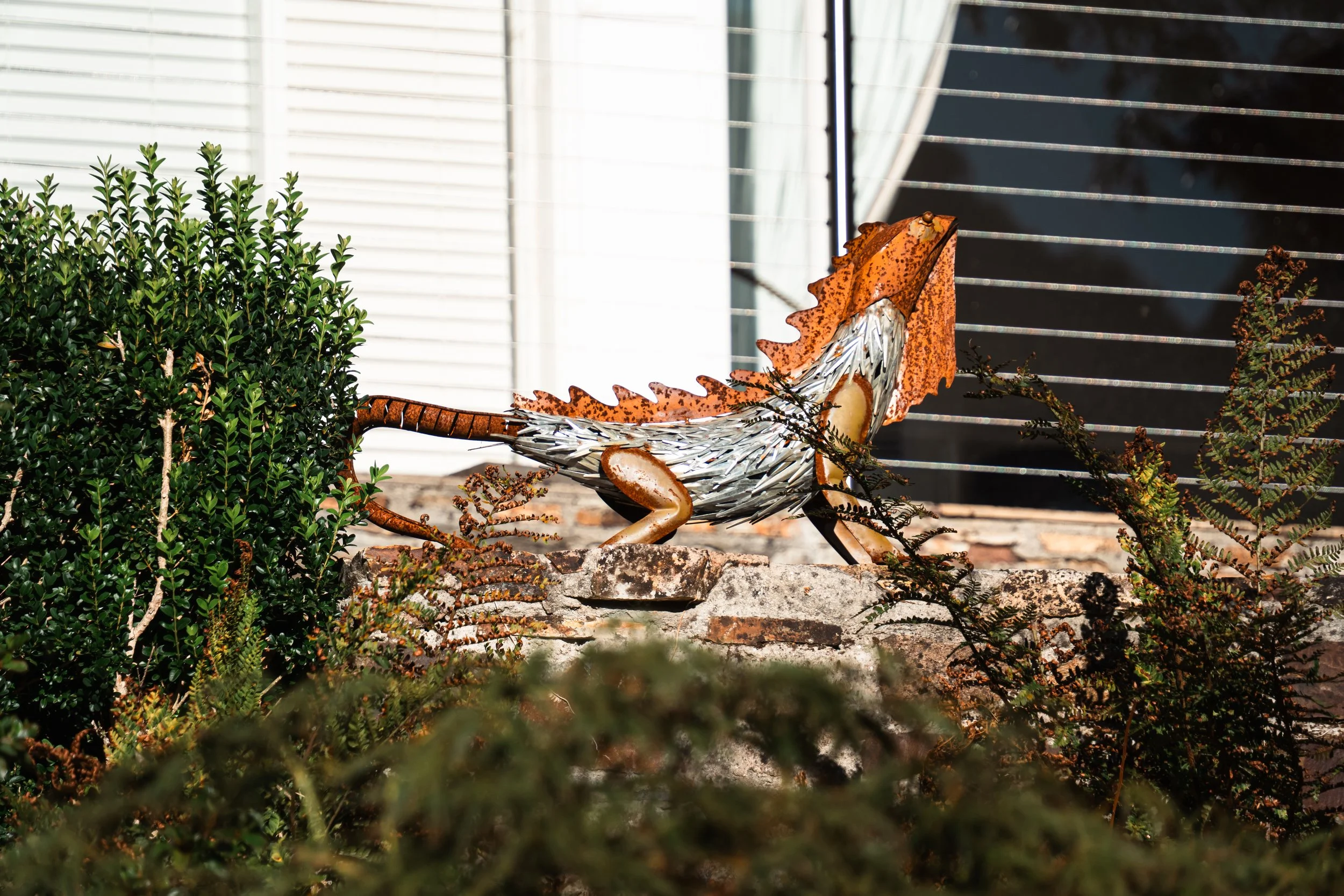 Decorative metal dragon sculpture on a stone wall of pond surrounded by green plants, with a window in the background.