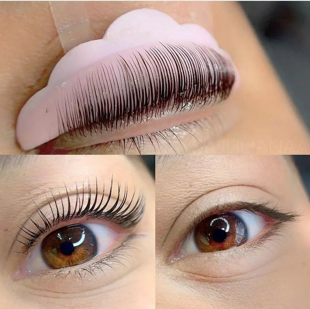 Primer plano de pestañas postizas, ojo con pestañas rizadas y naturales, y close-up de ojo color café.