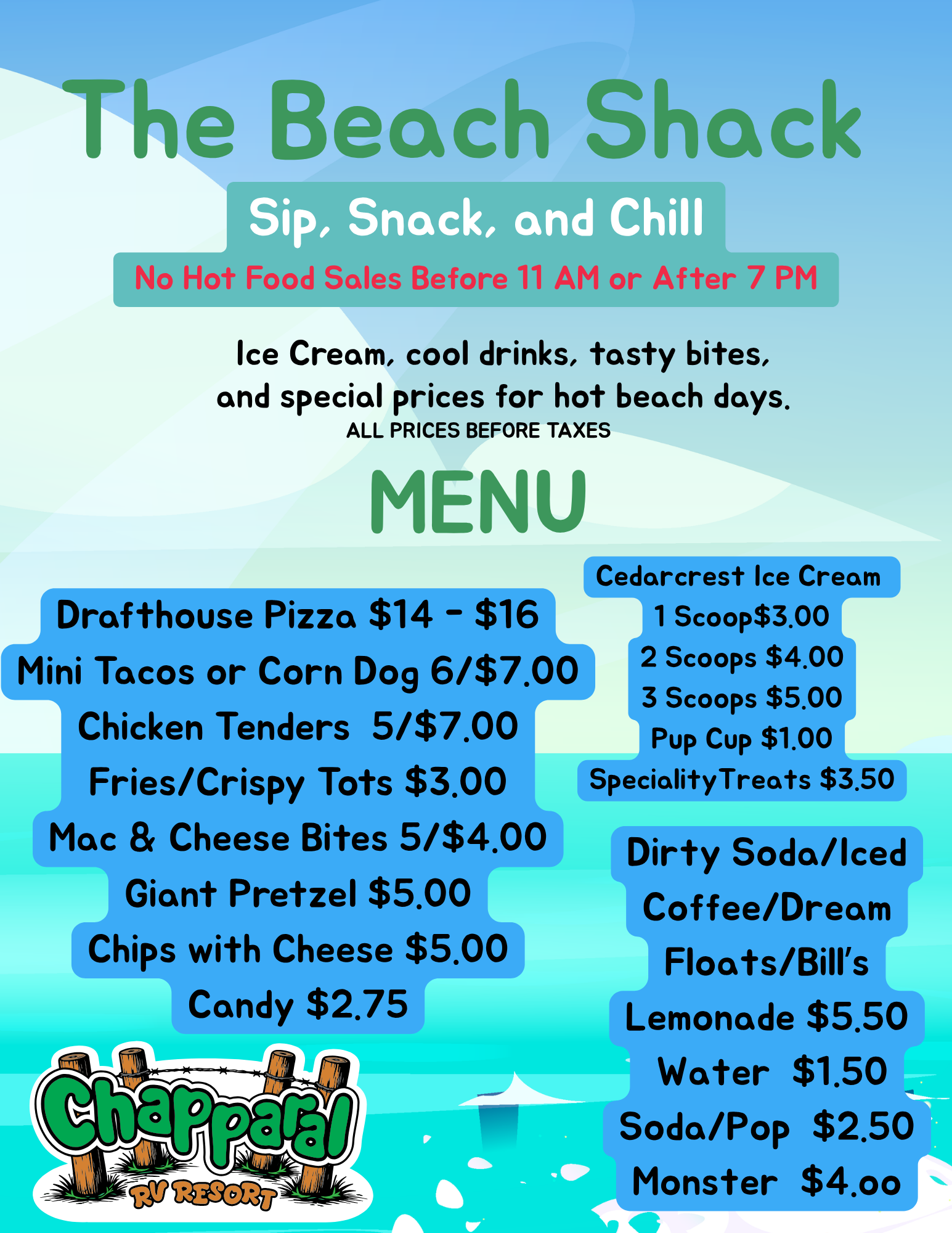 A colorful beach-themed menu inviting customers to enjoy drinks, snacks, and chill, indicating no hot food sales before 11 AM or after 7 PM. The menu lists various food items and their prices, with some highlighted in blue and red for emphasis.
