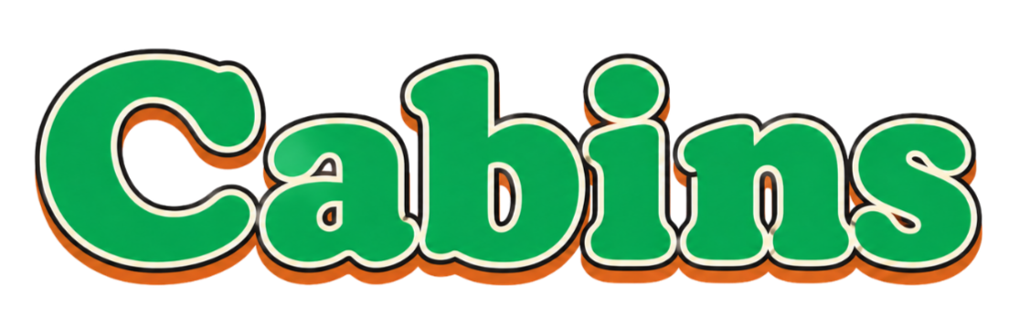 Colorful logo with the word 'Cabins' written in large green letters outlined in white and orange.