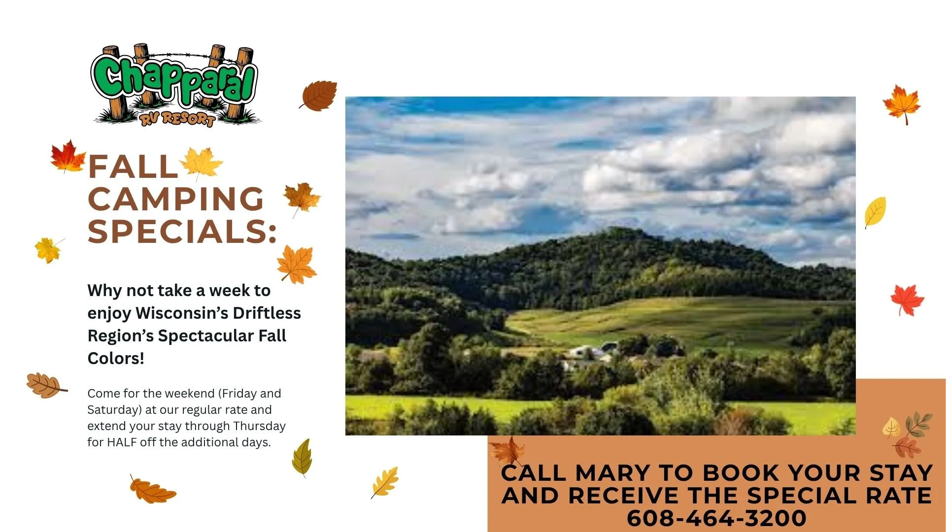 Flyer promoting fall camping specials at Chapparel RV Resort with an image of a green rolling hillside landscape and scattered autumn leaves.