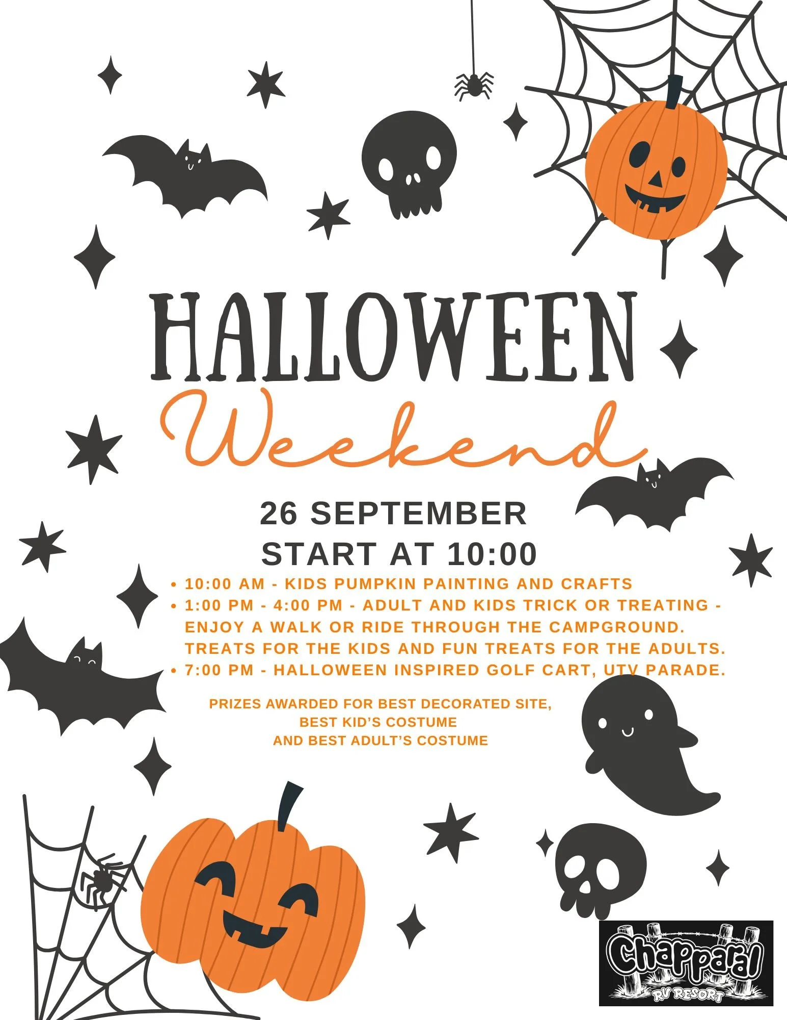 Halloween event poster with black and orange themed decorations. Features playful jack-o'-lanterns, black cats, bats, a spider hanging from a web, a skull, and stars. The event includes kids pumpkin painting and crafts, trick-or-treating, a Halloween-inspired golf cart parade, and prizes for best decorations and costumes. It is scheduled for September 26th, starting at 10:00 a.m. at Chappaqua RV Resort.