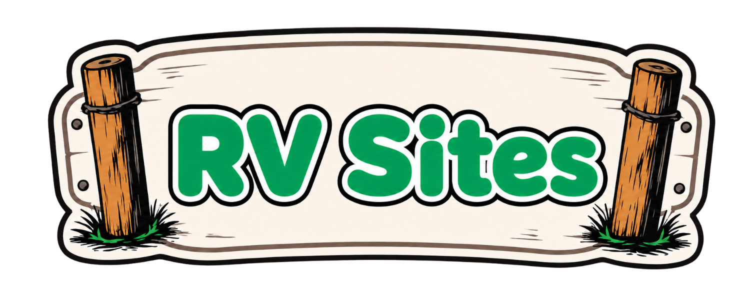 Sign that reads 'RV Sites' with wooden posts on each side.