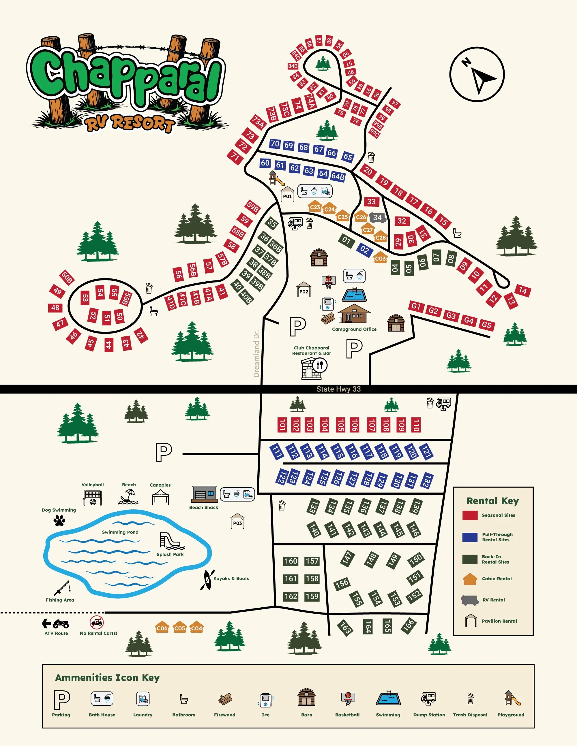Map of Chappal RV Resort showing parking areas, amenities, and different types of RV sites categorized by seasons, pull-through, back-in, and cabin rentals, with icons indicating facilities like swimming pool, playground, and fishing pond.