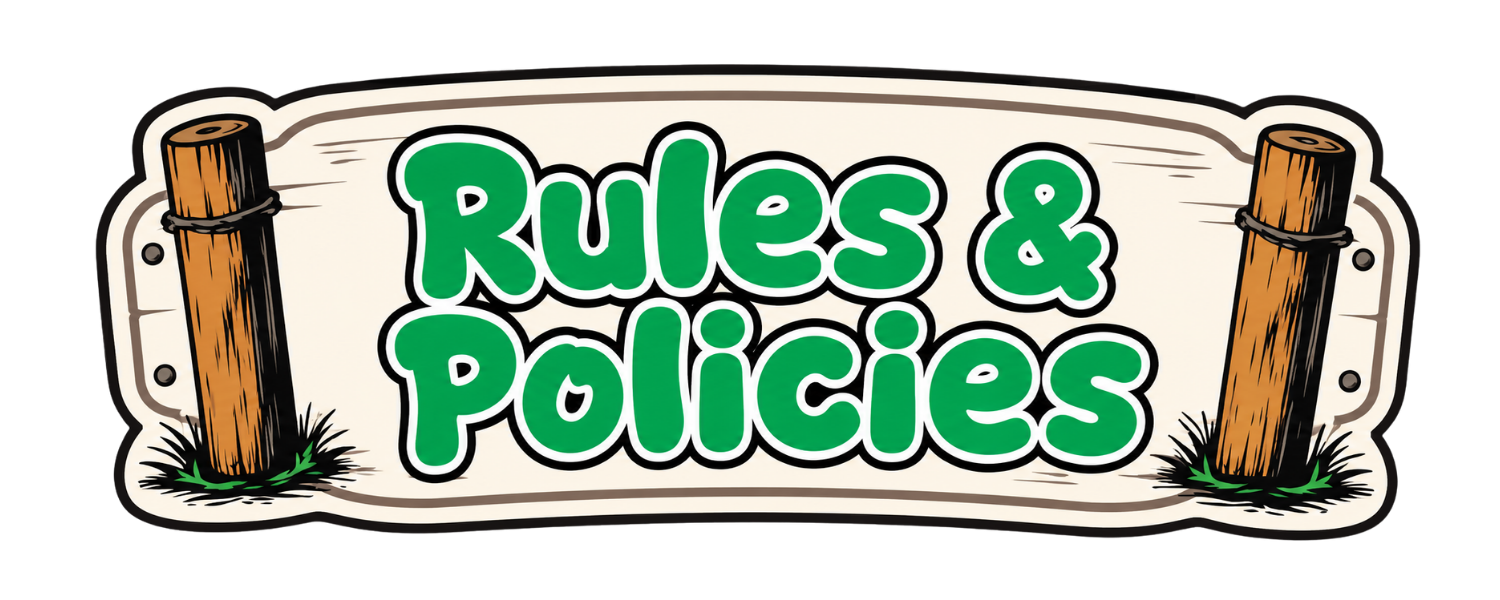 Illustration of a wooden sign with the text 'Rules & Policies' in green letters outlined in black, attached to two tree posts with some grass.
