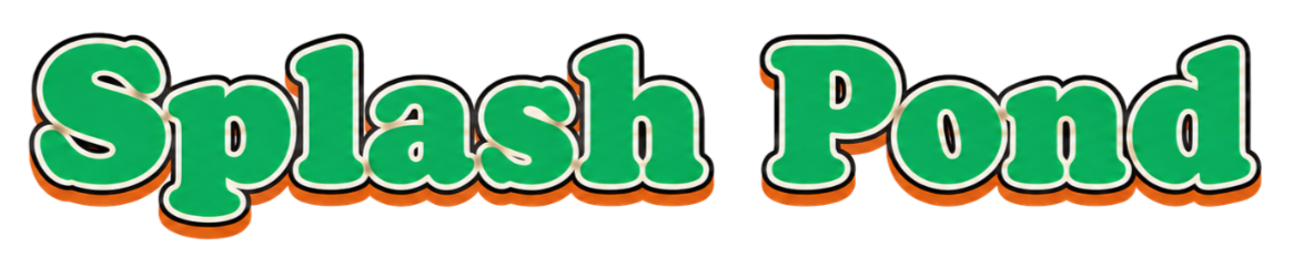 Colorful text spelling 'Splash Pond' with green letters and orange shadows.