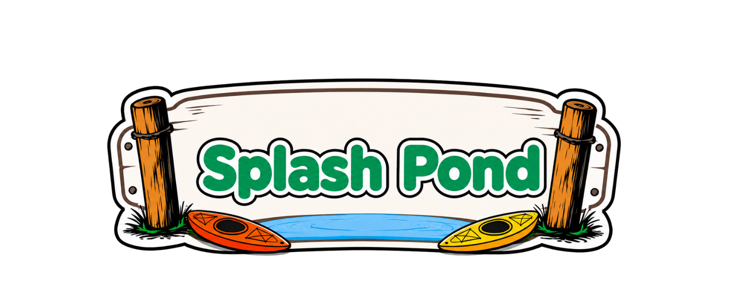 Illustration of a sign that reads 'Splash Pond' with two kayaks, one red and one yellow, on either side of a small pond, with wooden posts on either side.